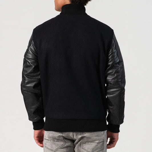 Black Wool & Genuine Leather Varsity Letterman Jacket