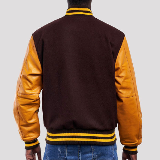 Brown Wool Body & Bright Gold Leather Sleeves Letterman Jacket
