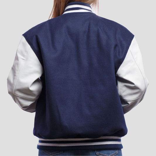 Royal Blue Wool Body & Bright White Faux Leather Sleeves Letterman Jacket