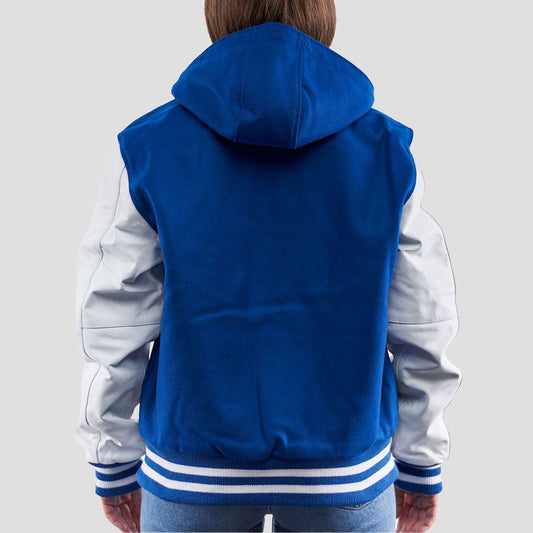 Bright Royal Wool Body & Bright White Faux Leather Sleeves Hoodie Letterman Jacket