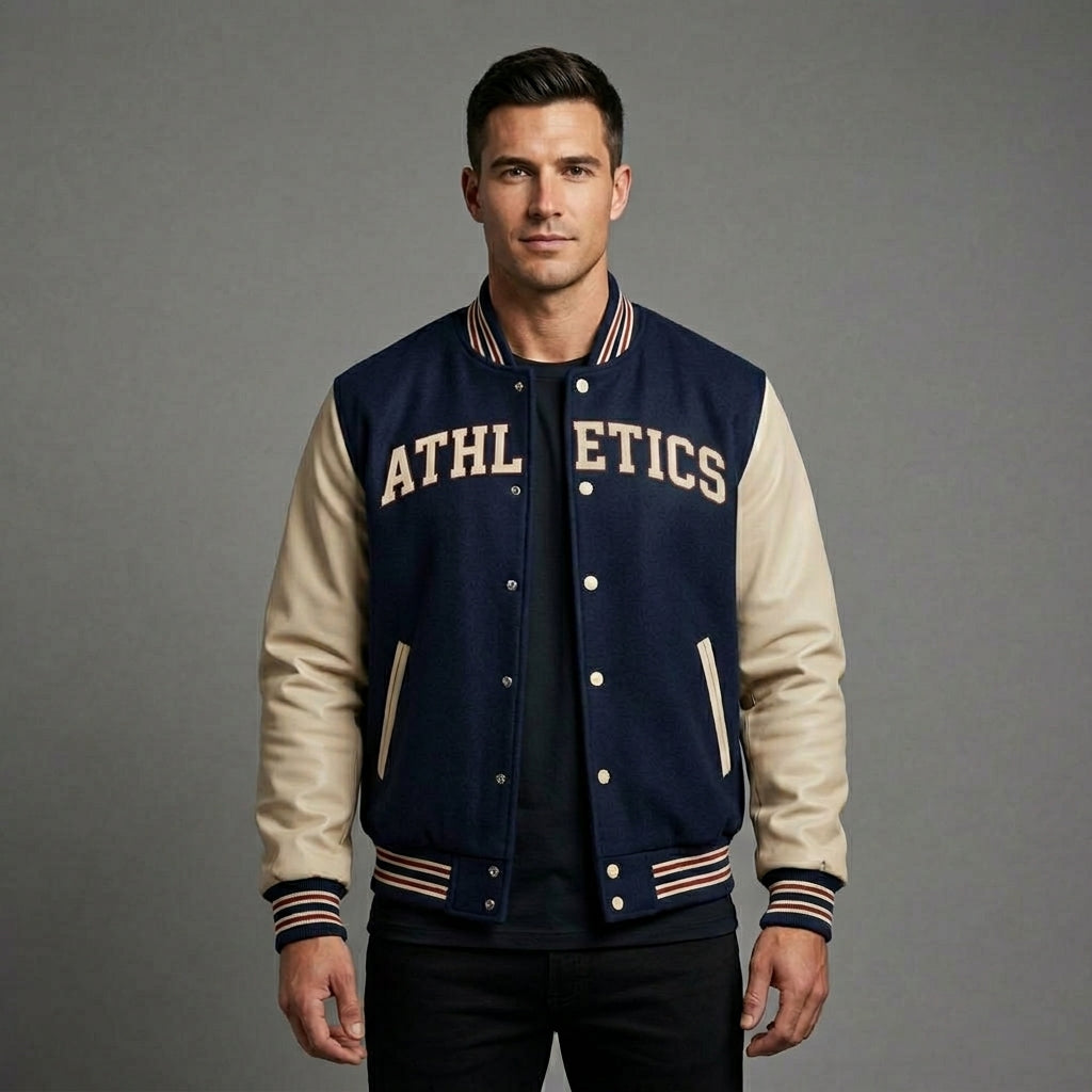 Navy Athletics Varsity Bomber Jacket – Cream Sleeves Letterman Style