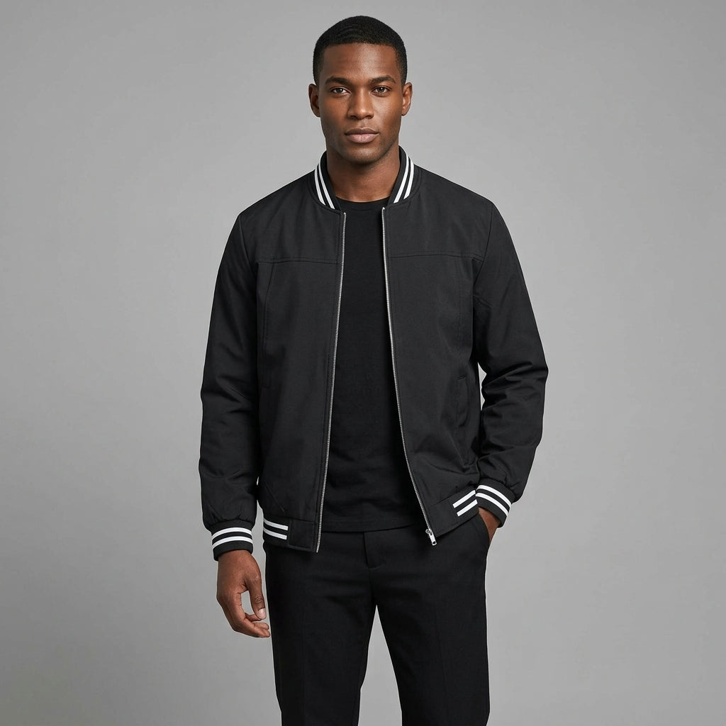 Men’s Lightweight Windbreaker Jacket – Casual Black Spring/Fall Bomber with Pockets