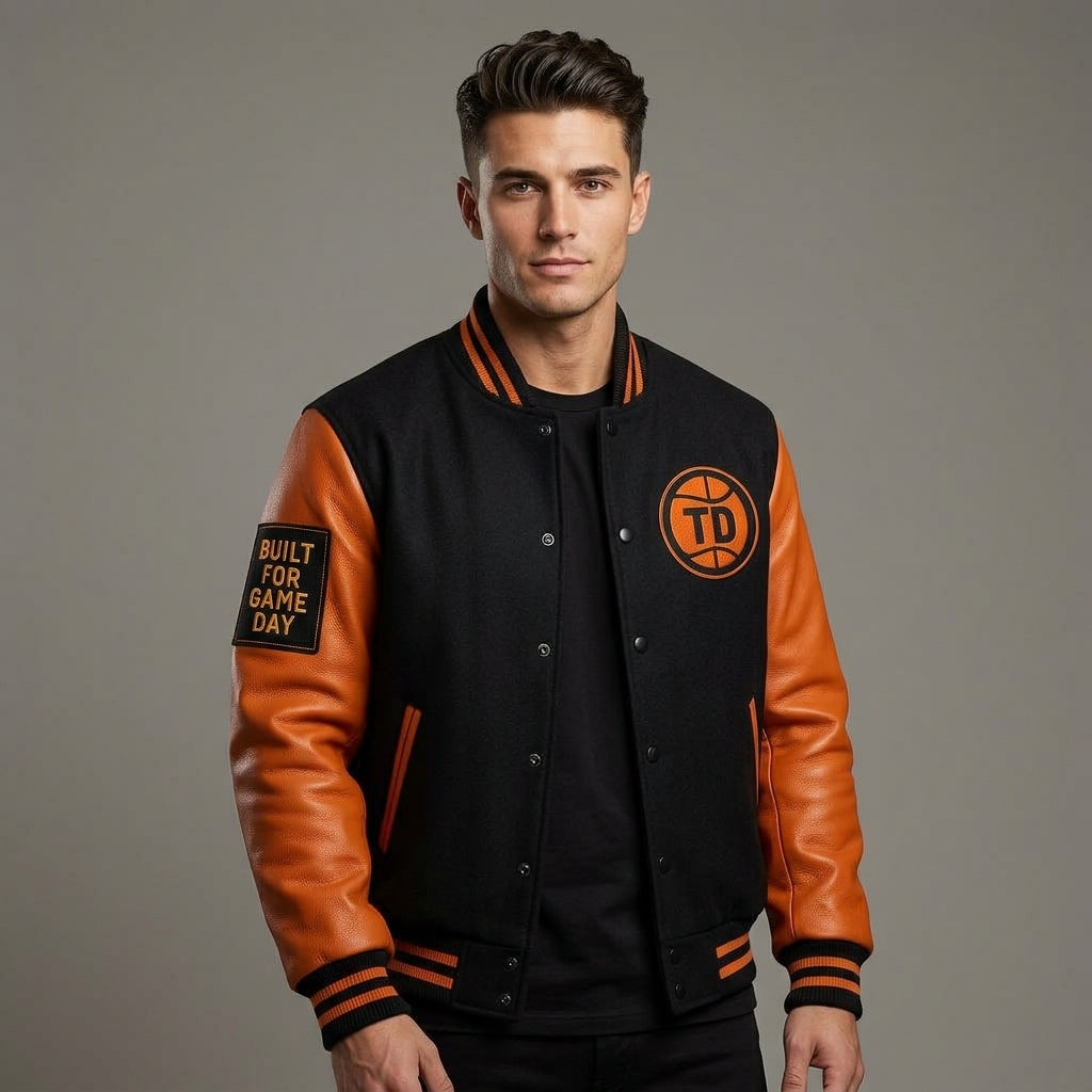 Custom Basketball Varsity Jacket – Black & Orange Leather Letterman