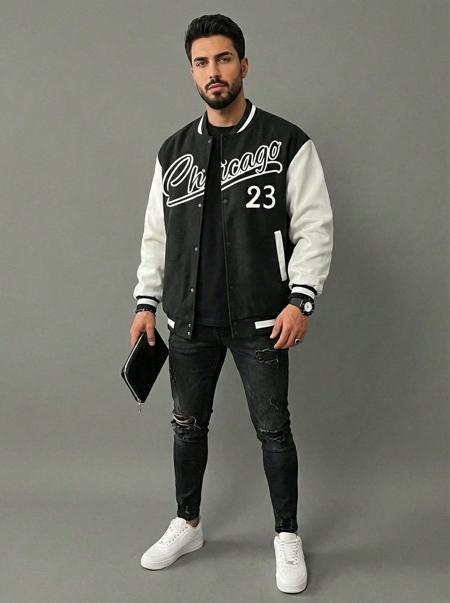 Men’s Color Block Varsity Bomber Jacket – Black & White