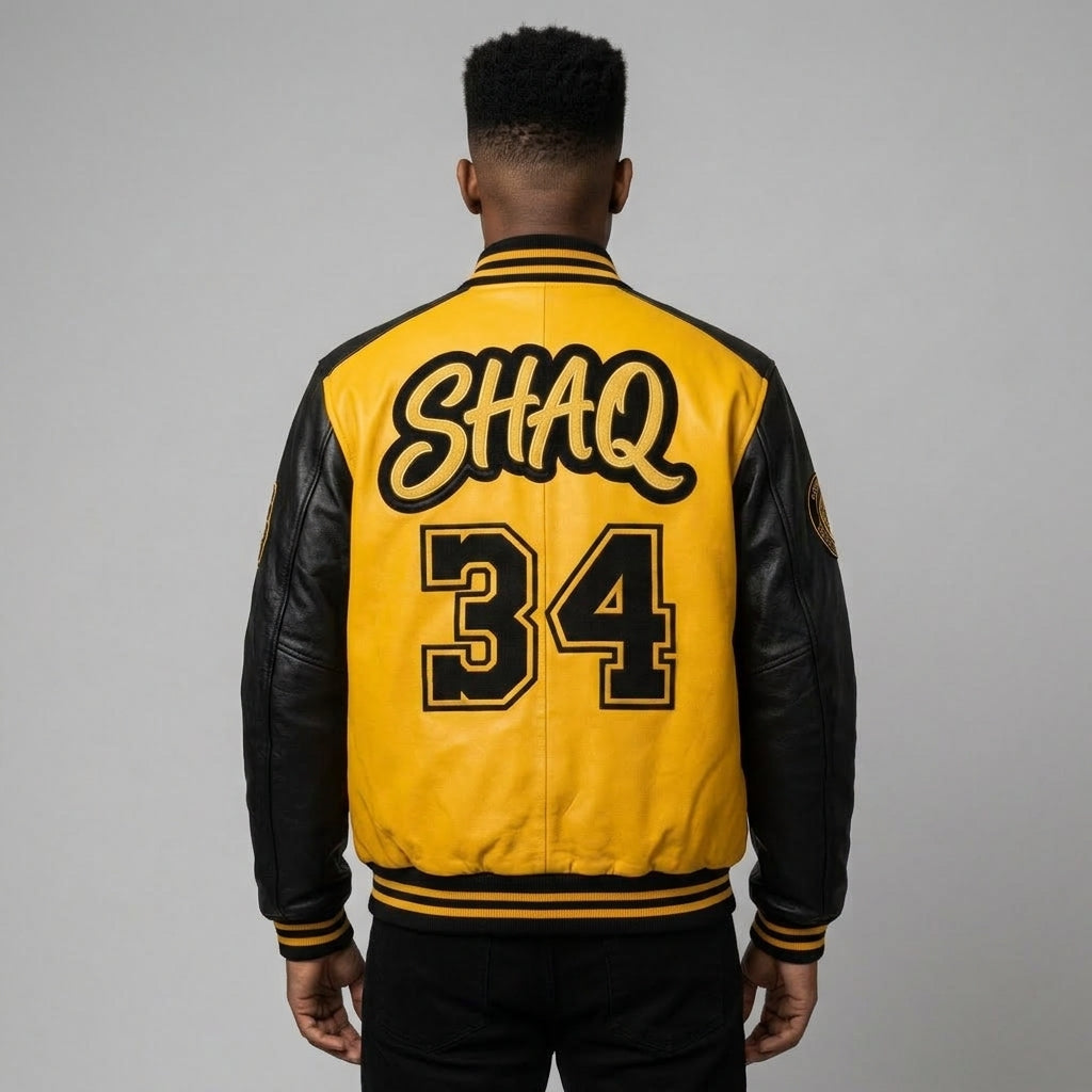 Men’s Yellow & Black Leather baseball Varsity Jacket