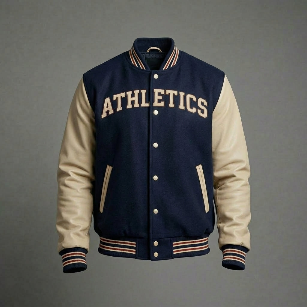 Navy Athletics Varsity Bomber Jacket – Cream Sleeves Letterman Style