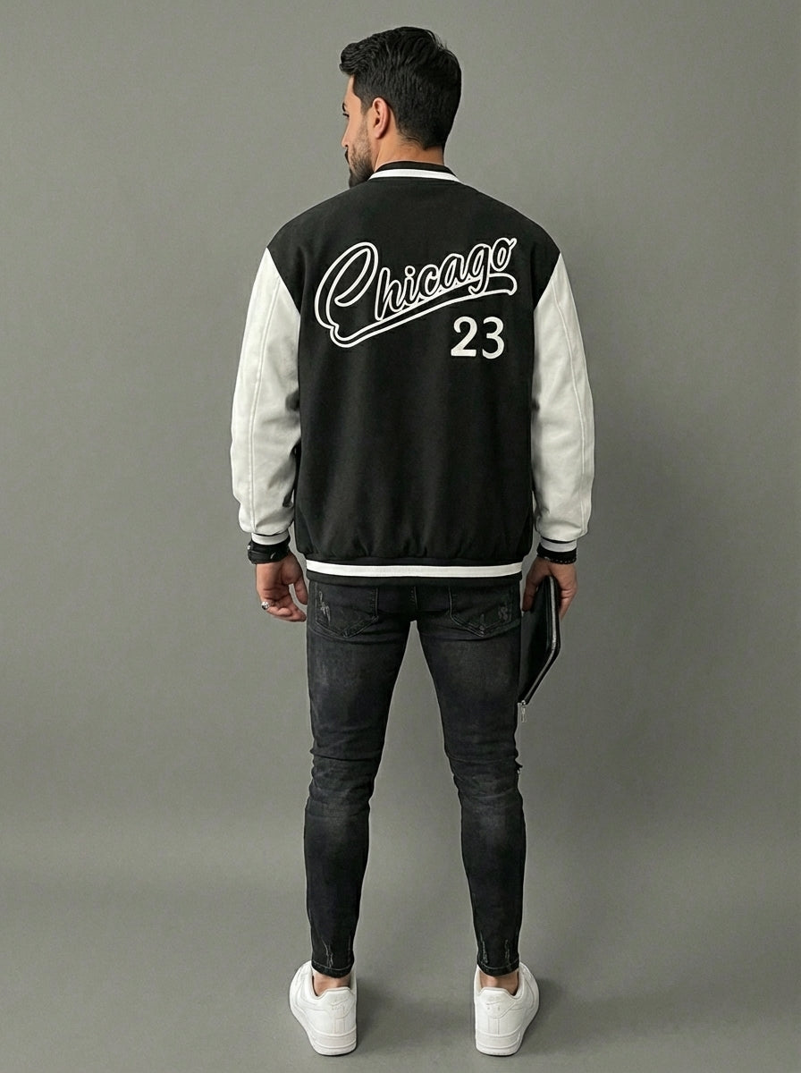Men’s Color Block Varsity Bomber Jacket – Black & White
