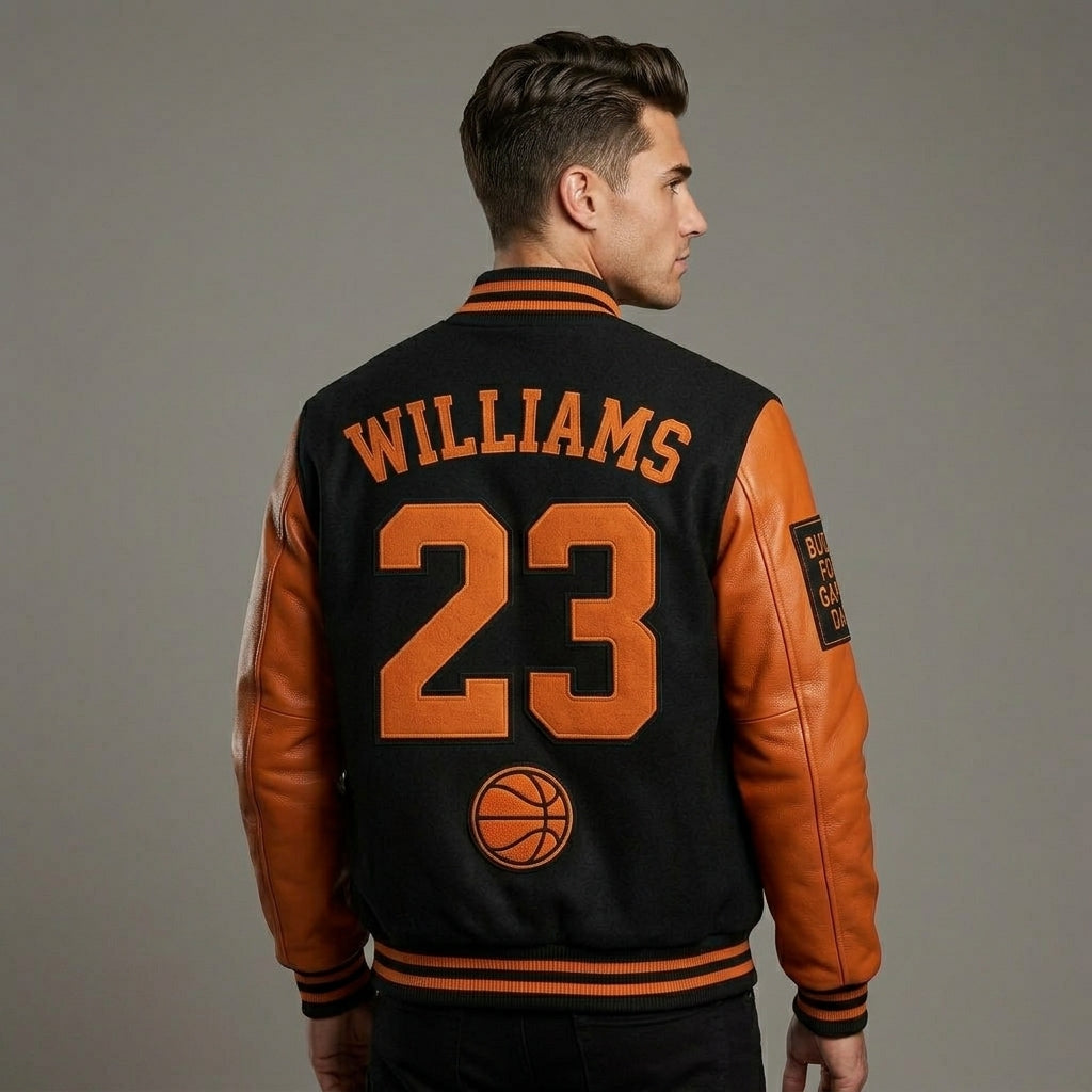 Custom Basketball Varsity Jacket – Black & Orange Leather Letterman