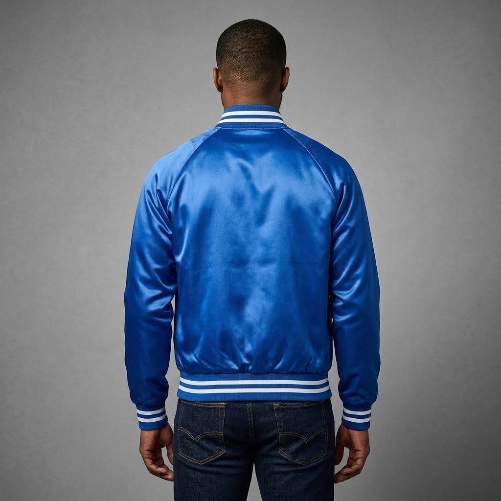 Men’s Royal Blue Satin Baseball Jacket – Striped Trim Letterman