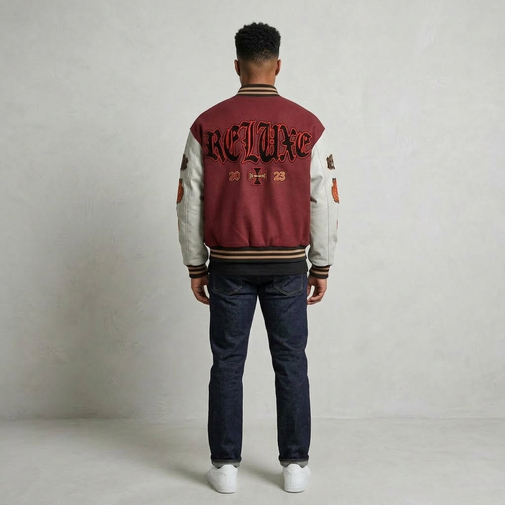 Men’s Varsity Jacket – Wool Body Faux Leather Sleeves Embroidered Letterman Style