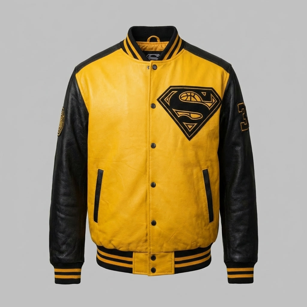 Men’s Yellow & Black Leather baseball Varsity Jacket