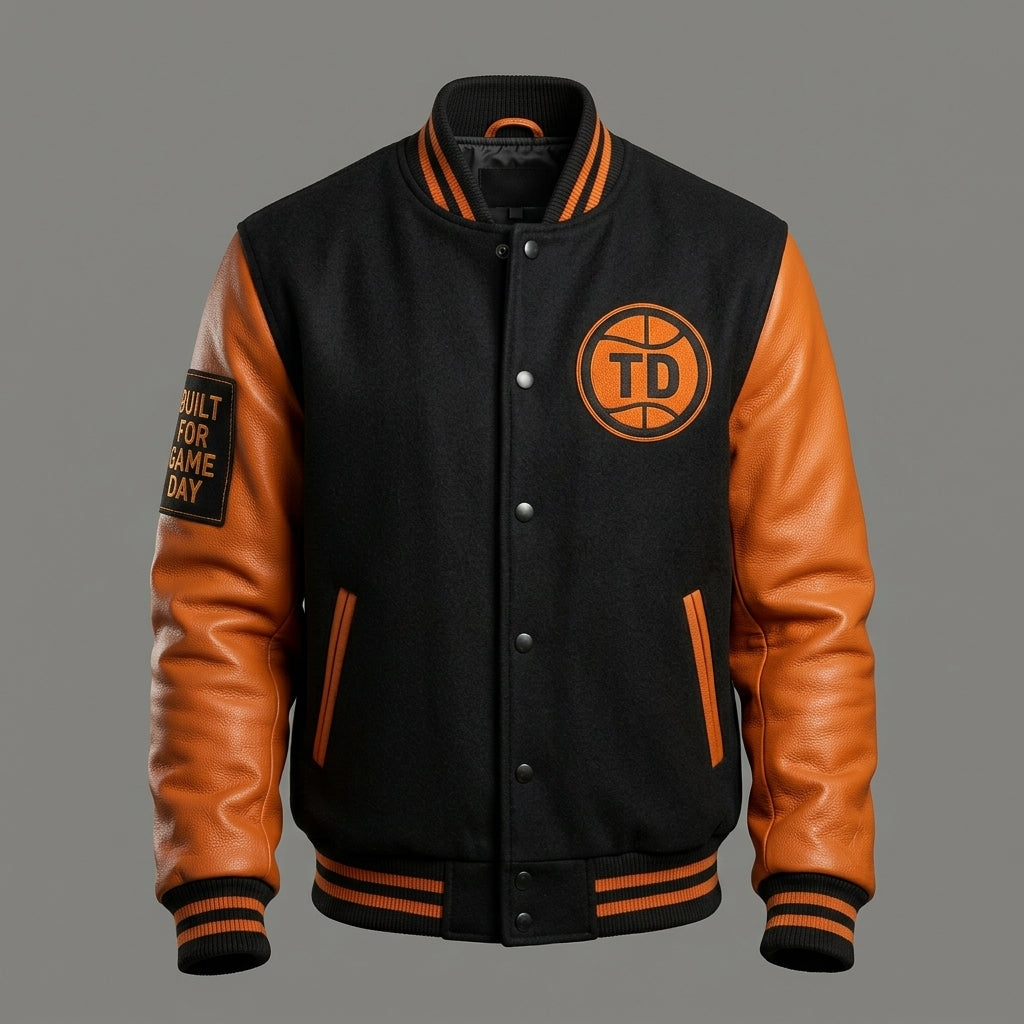 Custom Basketball Varsity Jacket – Black & Orange Leather Letterman