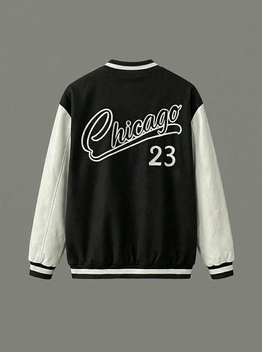 Men’s Color Block Varsity Bomber Jacket – Black & White