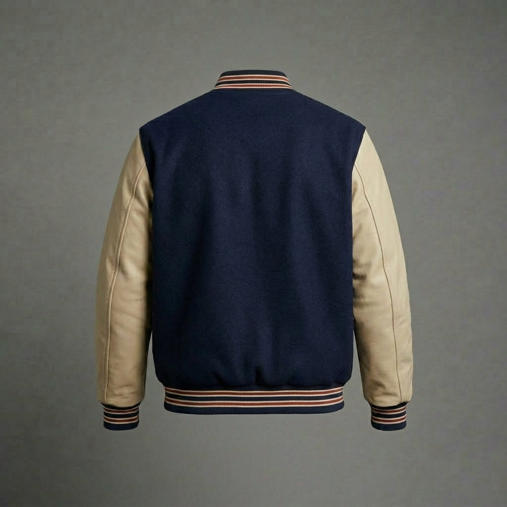 Navy Athletics Varsity Bomber Jacket – Cream Sleeves Letterman Style