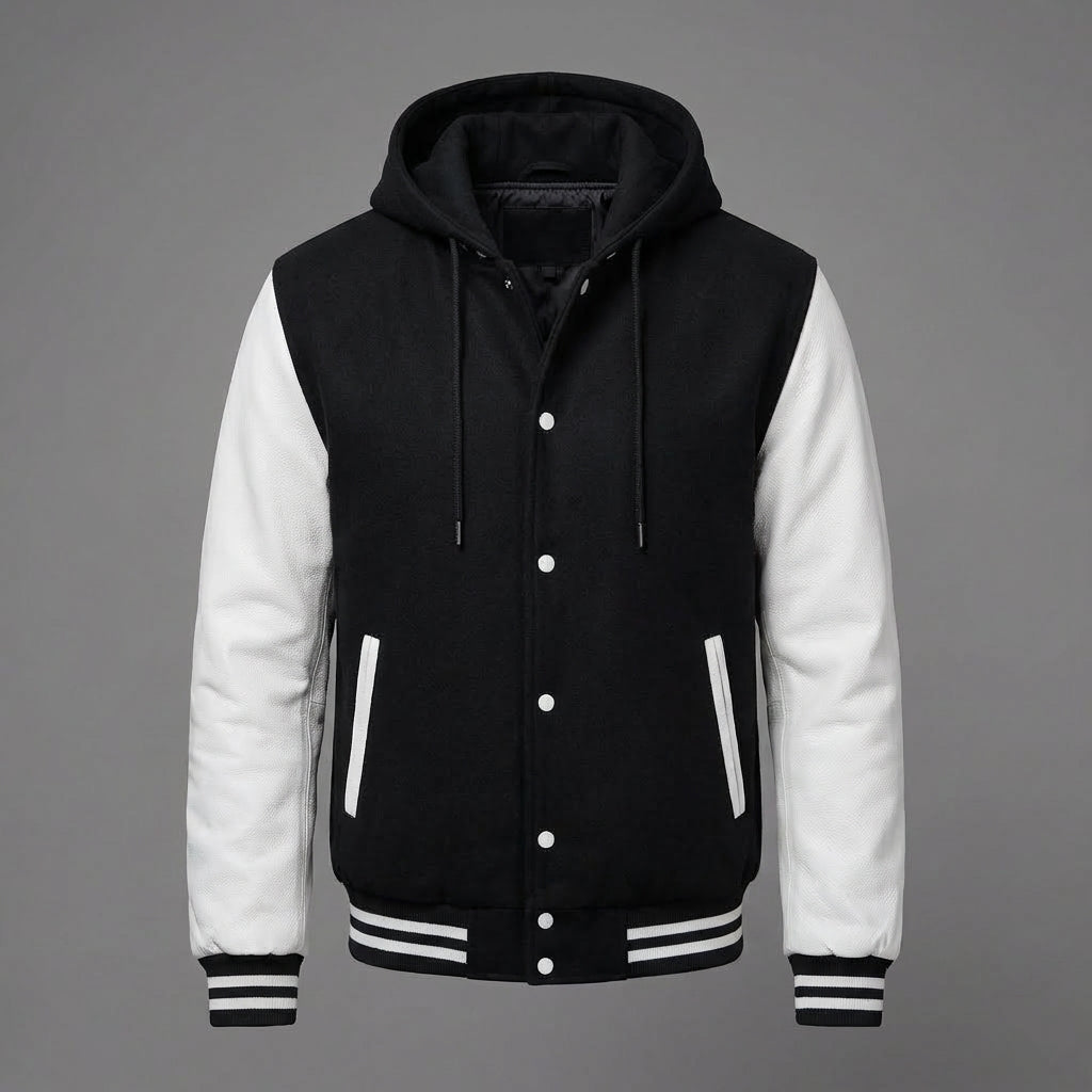 Men’s Black & White Varsity Jacket – Wool Blend with Genuine Leather Sleeves