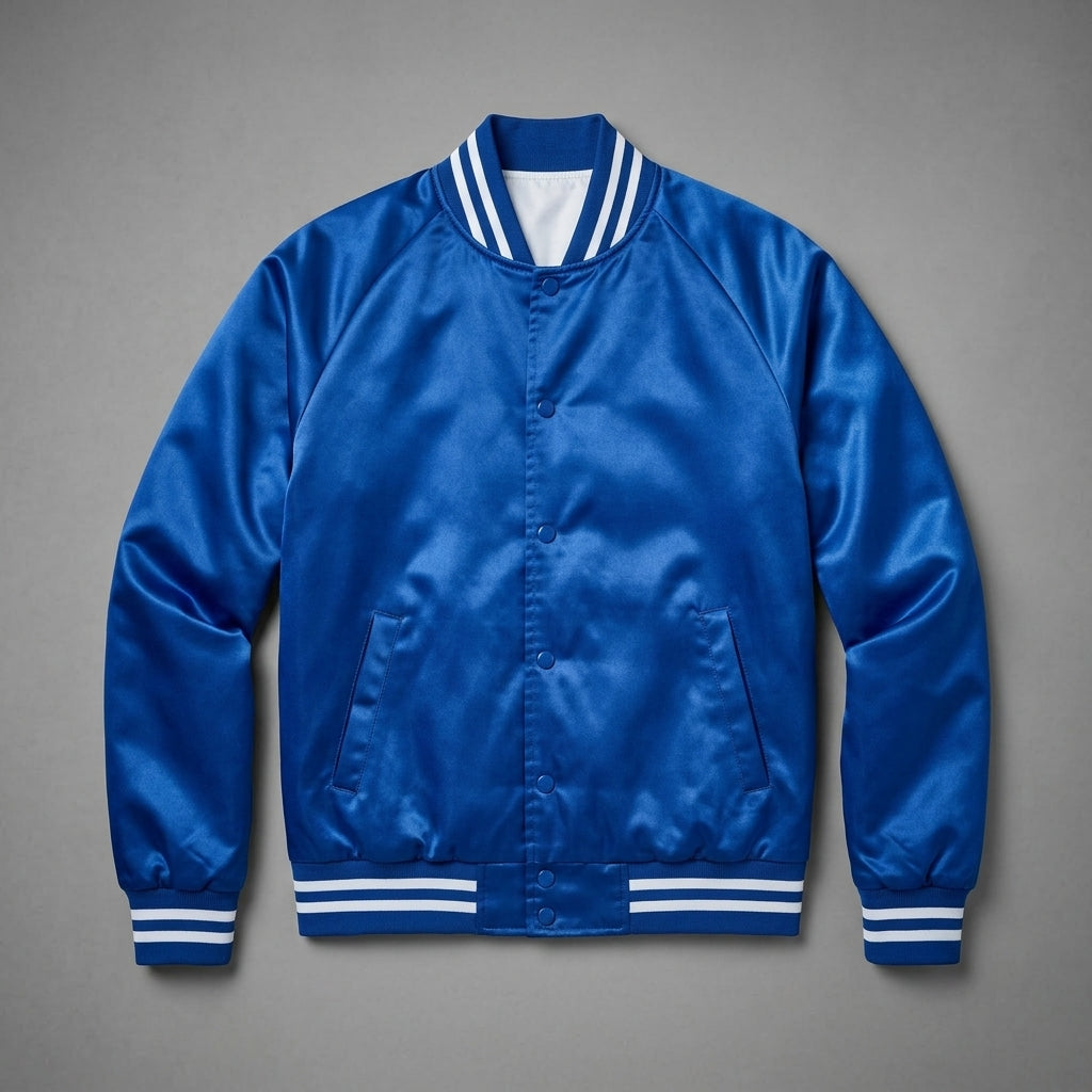 Men’s Royal Blue Satin Baseball Jacket – Striped Trim Letterman
