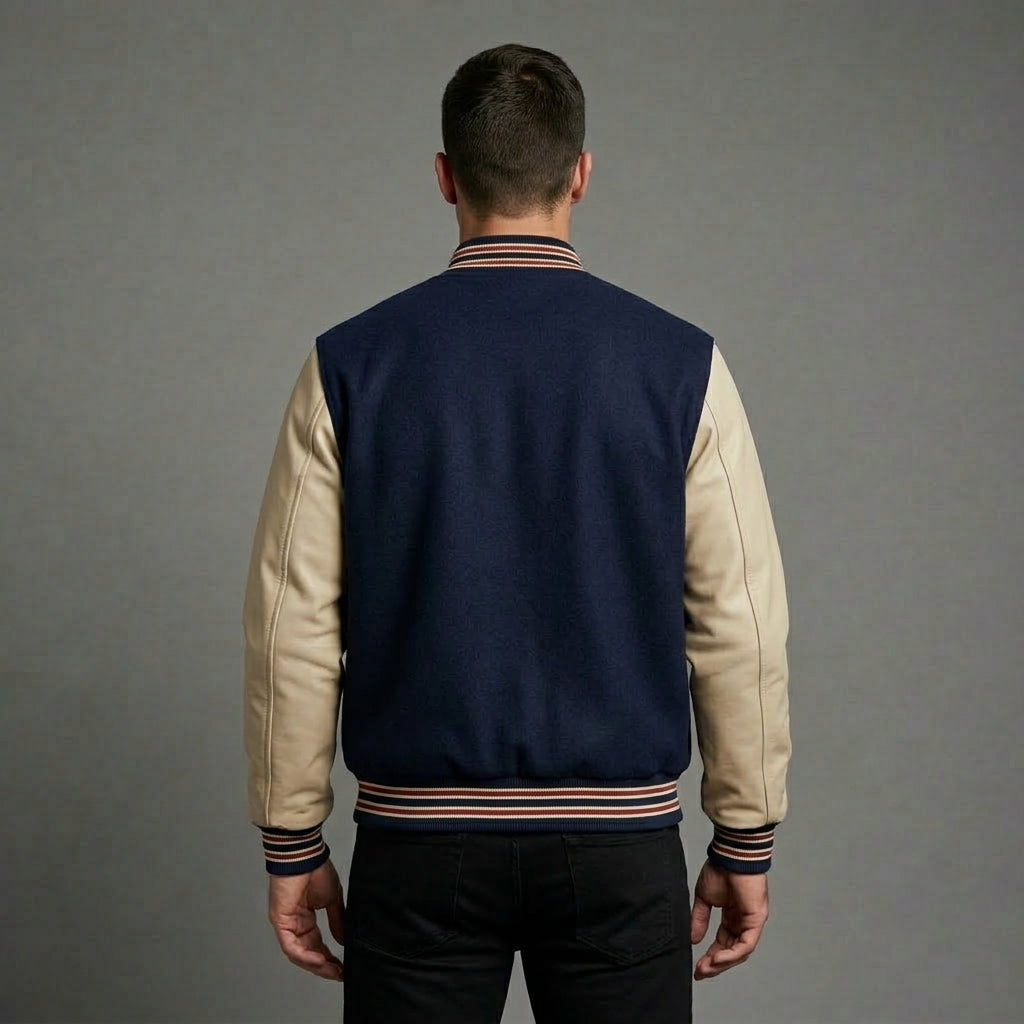Navy Athletics Varsity Bomber Jacket – Cream Sleeves Letterman Style