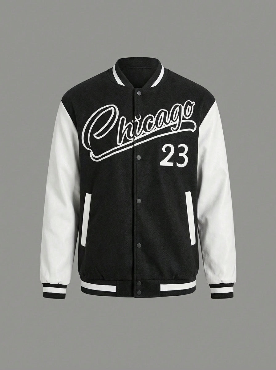 Men’s Color Block Varsity Bomber Jacket – Black & White