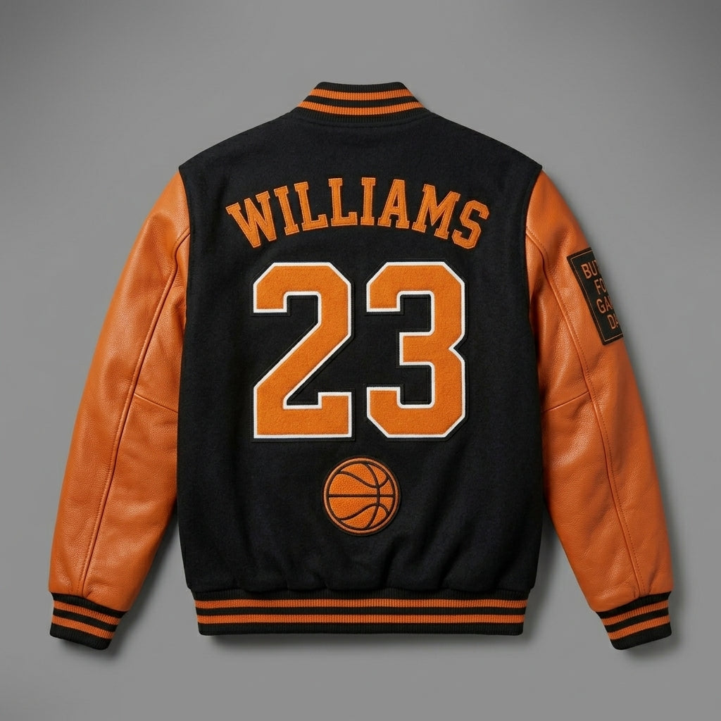 Custom Basketball Varsity Jacket – Black & Orange Leather Letterman