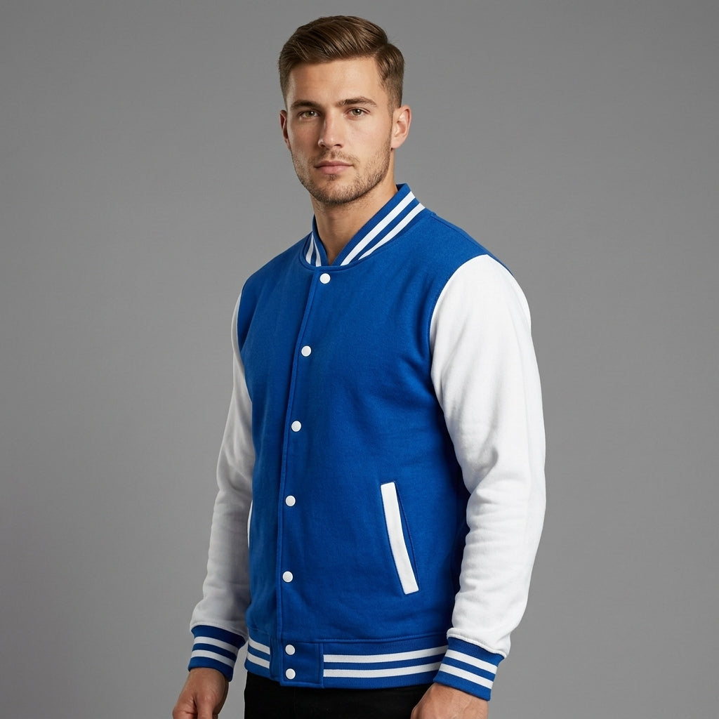 Men’s Blue Cotton Baseball Varsity Jacket – Classic Letterman Bomber