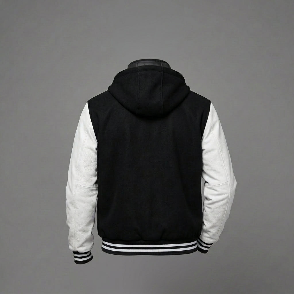 Men’s Black & White Varsity Jacket – Wool Blend with Genuine Leather Sleeves