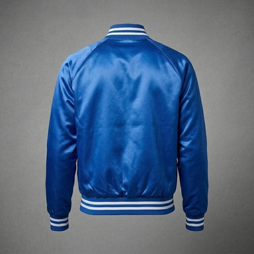 Men’s Royal Blue Satin Baseball Jacket – Striped Trim Letterman