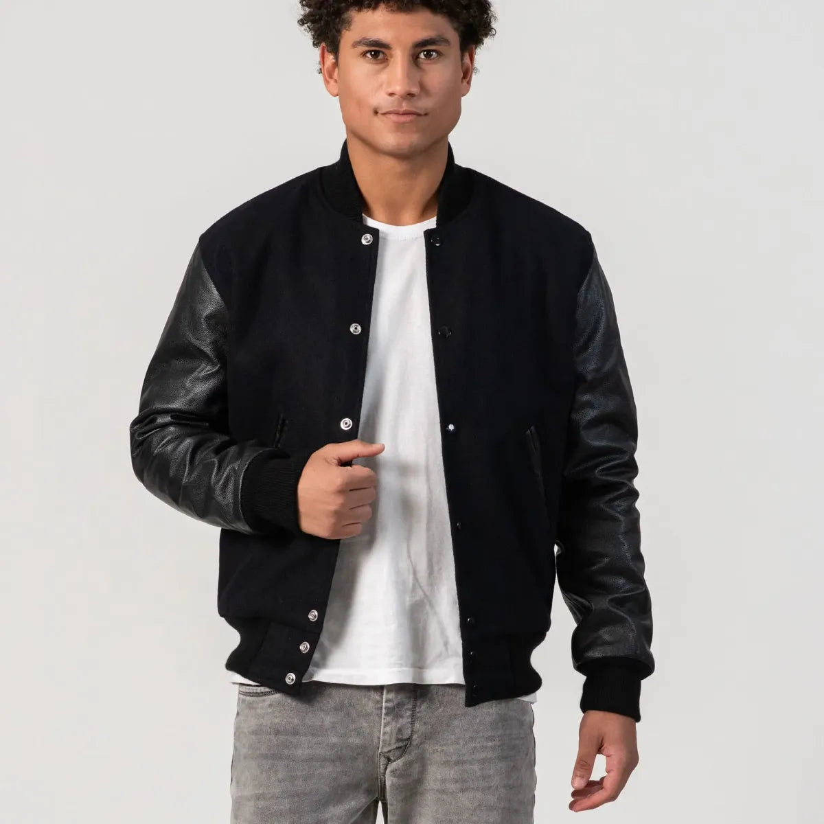 Black Wool & Genuine Leather Varsity Letterman Jacket