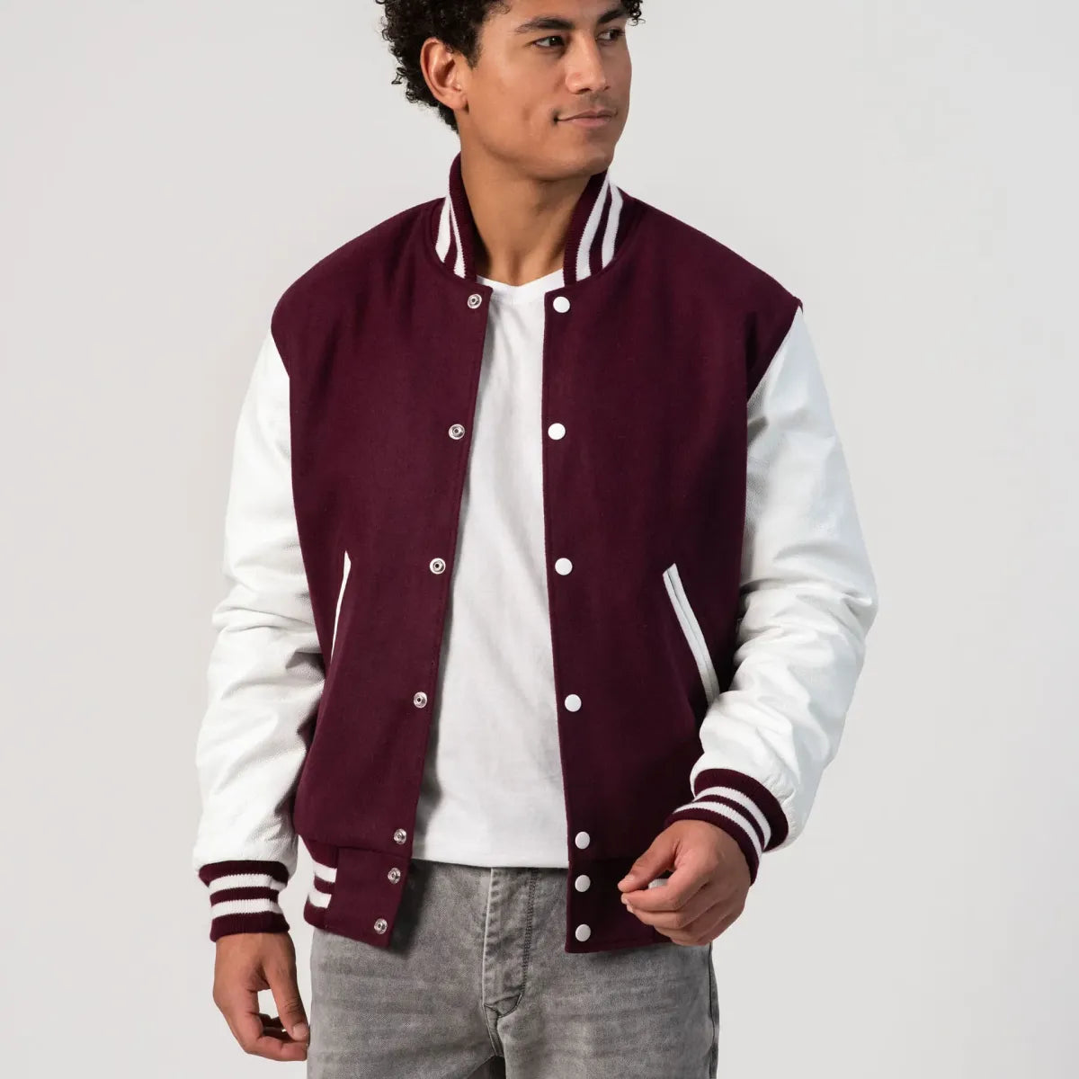 Maroon Wool Body & Bright White Leather Sleeves Letterman Jacket