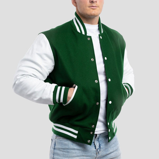 Kelly Green Wool Body & White Faux Leather Sleeves Letterman Jacket