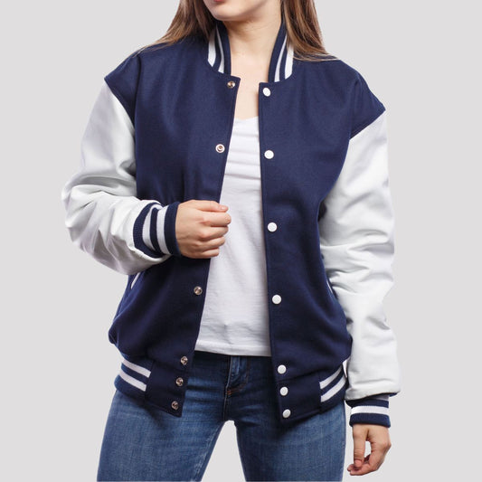Royal Blue Wool Body & Bright White Faux Leather Sleeves Letterman Jacket