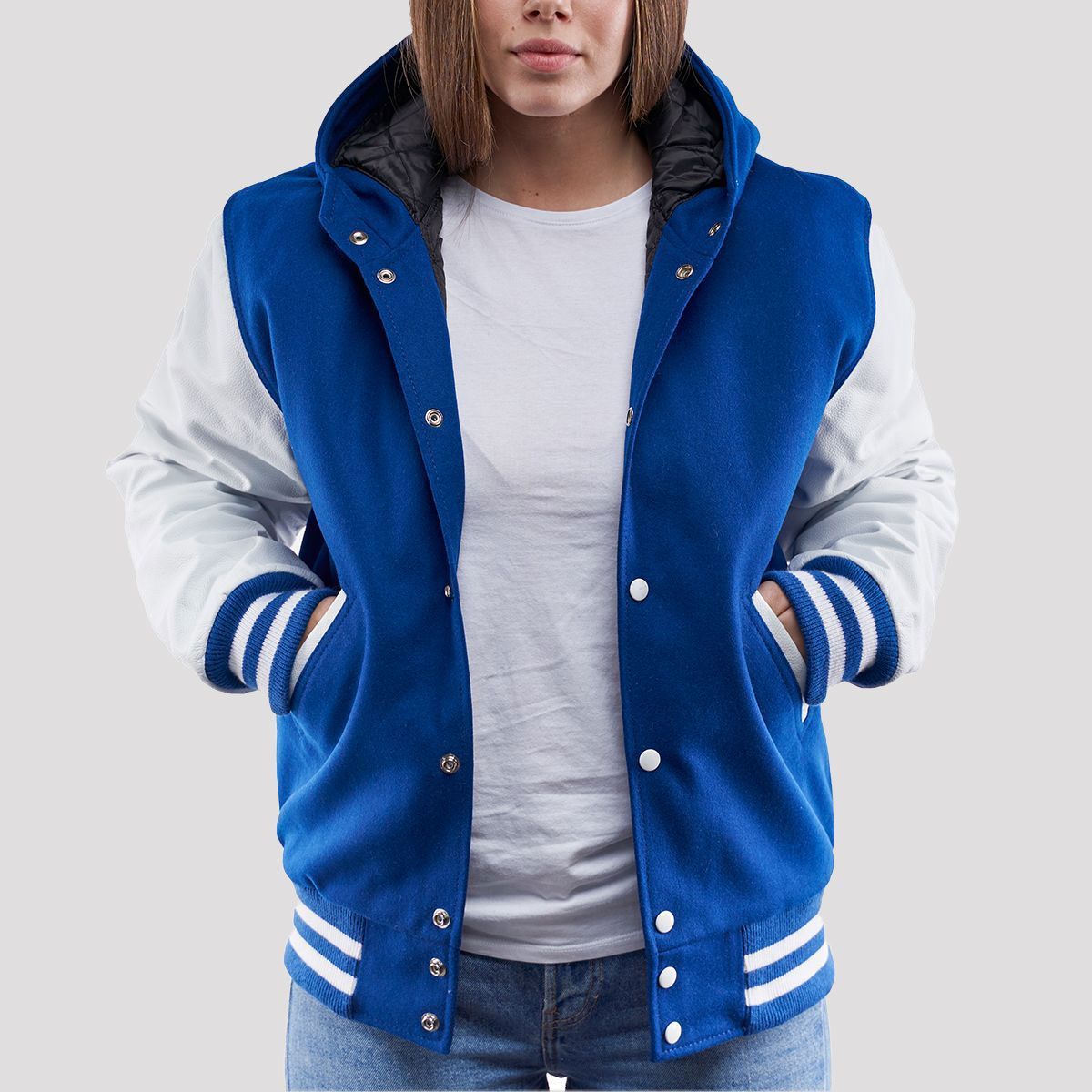 Bright Royal Wool Body & Bright White Faux Leather Sleeves Hoodie Letterman Jacket