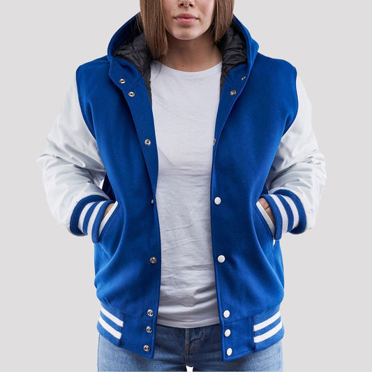 Bright Royal Wool Body & Bright White Faux Leather Sleeves Hoodie Letterman Jacket