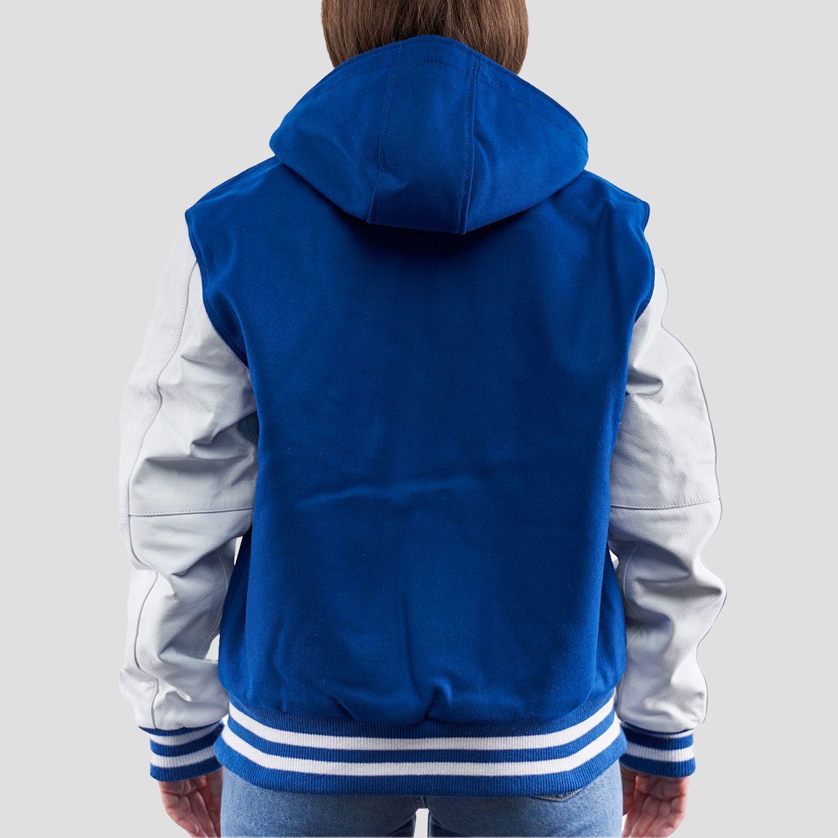 Bright Royal Wool Body & Bright White Faux Leather Sleeves Hoodie Letterman Jacket