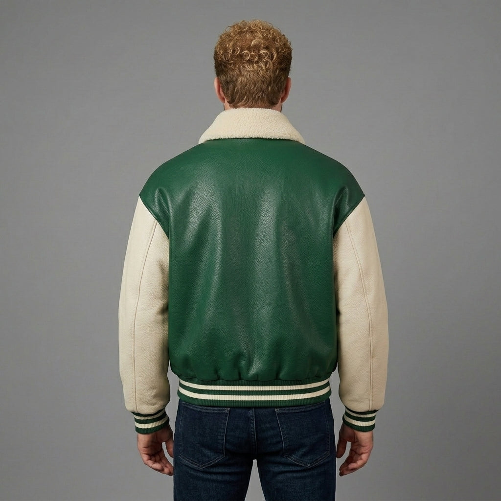 Men’s Green Varsity Jacket – Faux Fur Collar & Cream Sleeve Letterman
