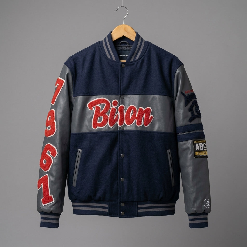 Men’s Navy Grey Wool & Leather College Letterman Jacket – Retro Varsity Bomber