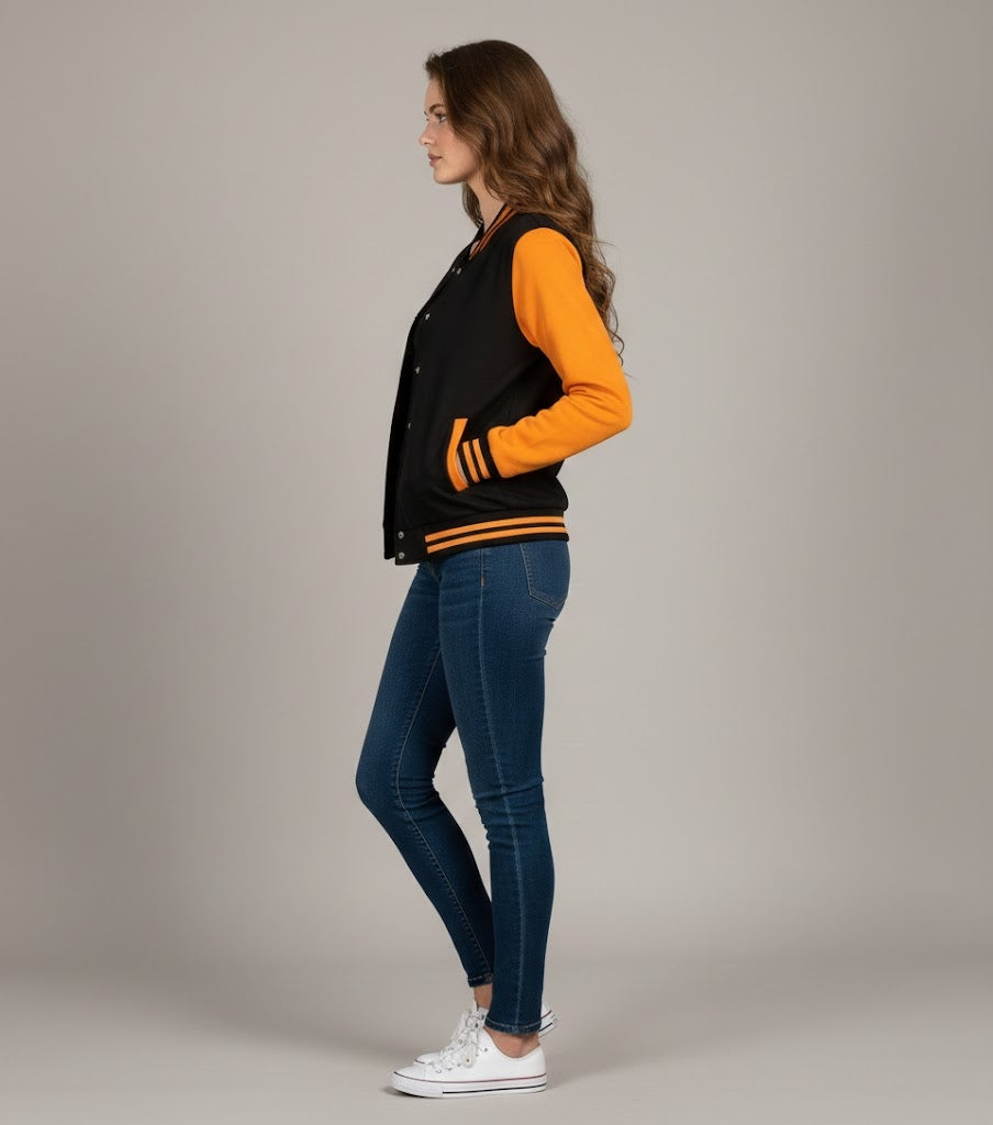 Black & Orange Women’s Varsity Leather Jacket