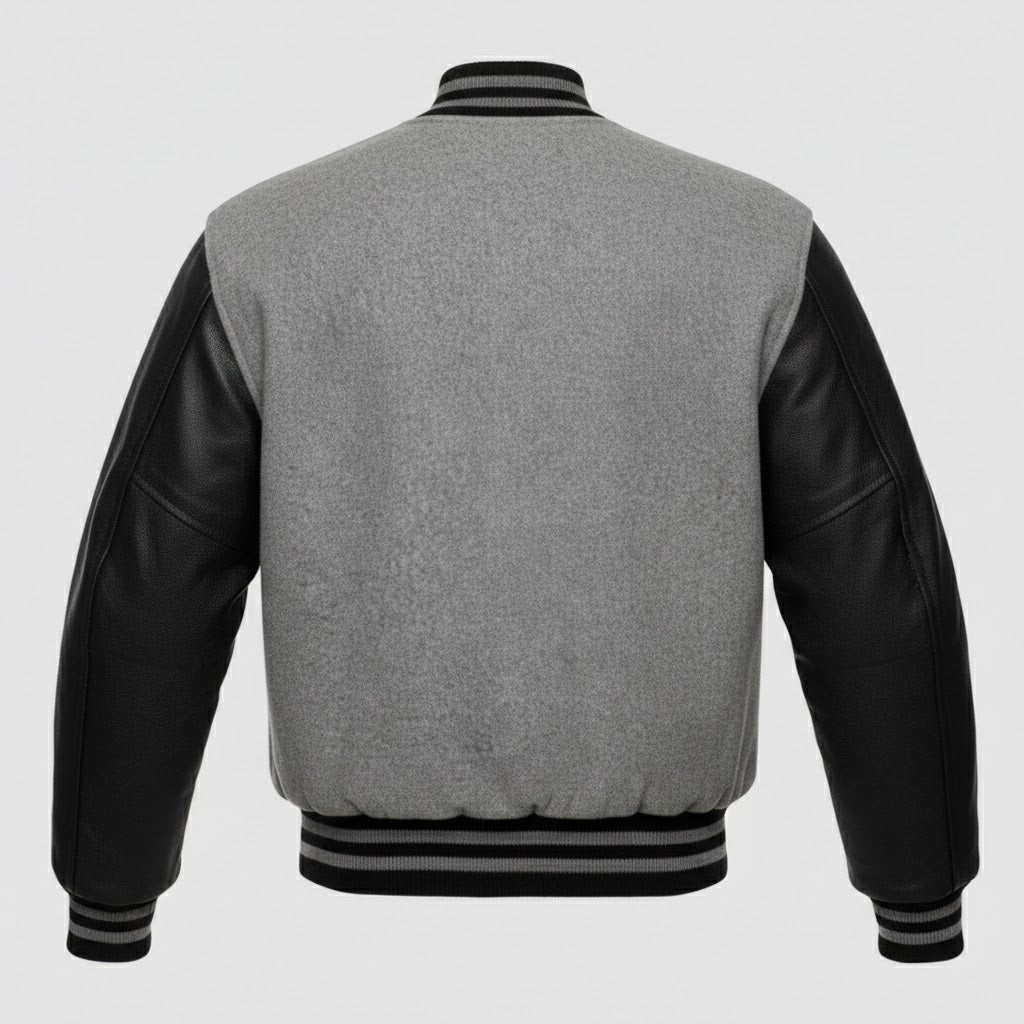 Men’s Grey Varsity Jacket with Black Leather Sleeves