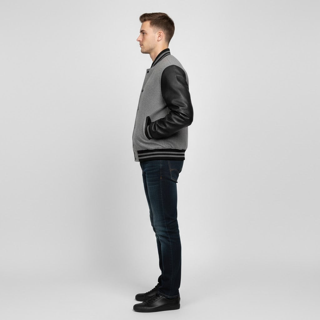 Men’s Grey Varsity Jacket with Black Leather Sleeves