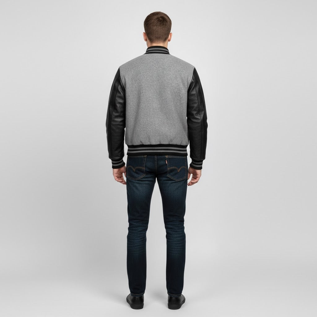 Men’s Grey Varsity Jacket with Black Leather Sleeves