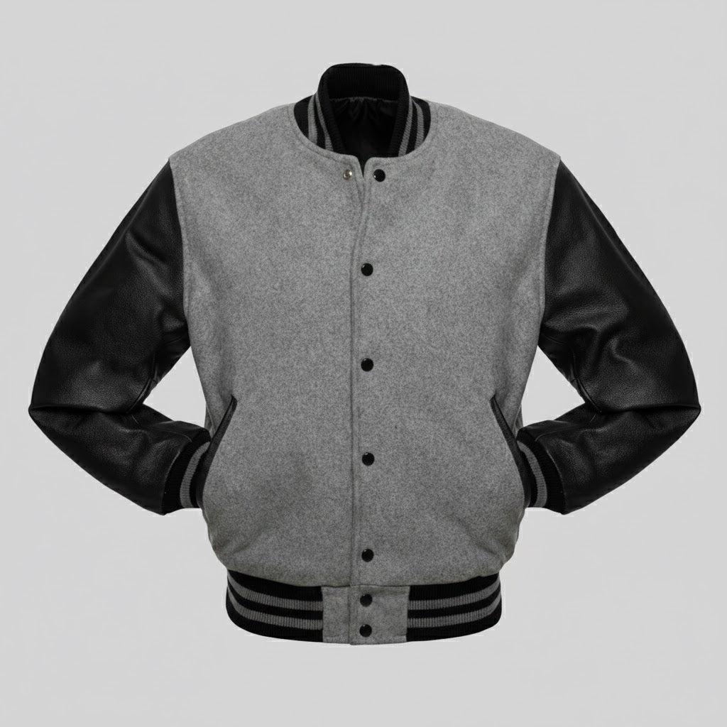Men’s Grey Varsity Jacket with Black Leather Sleeves