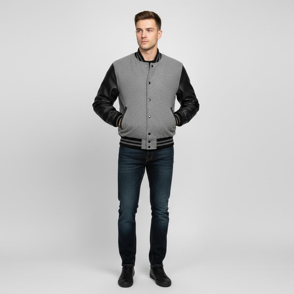 Men’s Grey Varsity Jacket with Black Leather Sleeves