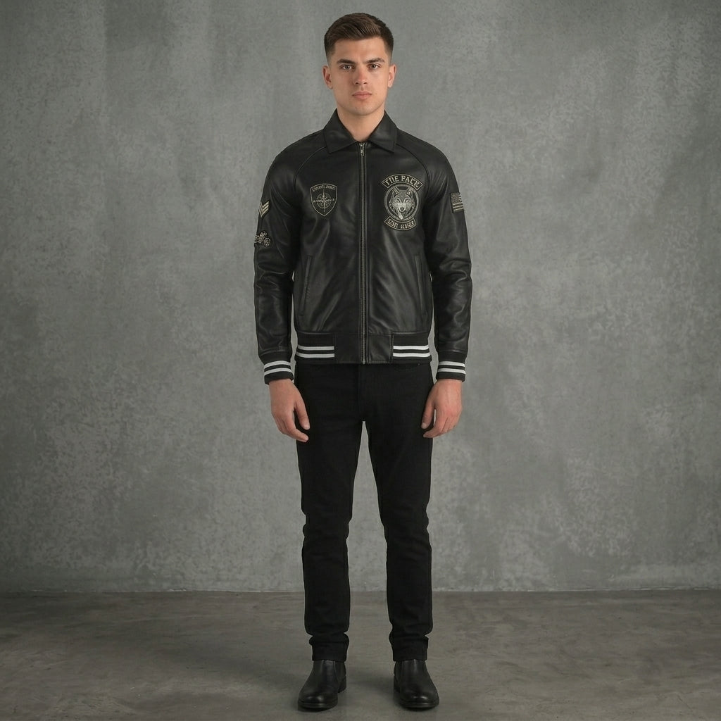 Men’s Black Leather Varsity Jacket – Classic Letterman Bomber