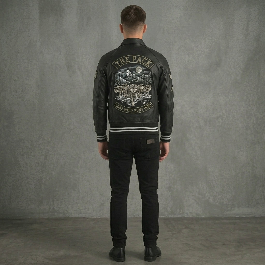 Men’s Black Leather Varsity Jacket – Classic Letterman Bomber