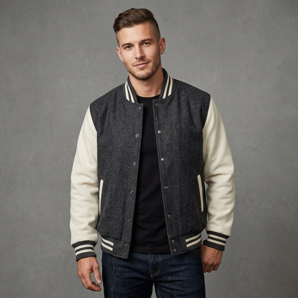 Men’s Black & White Slim Fit Varsity Jacket – Retro Letterman Style