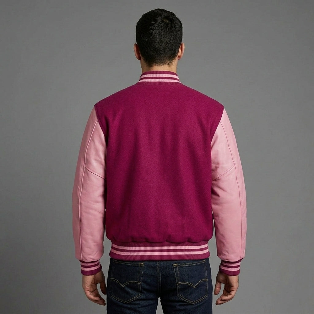 Men’s Burgundy Wool & Pink Leather Letterman Jacket – College Varsity Bomber