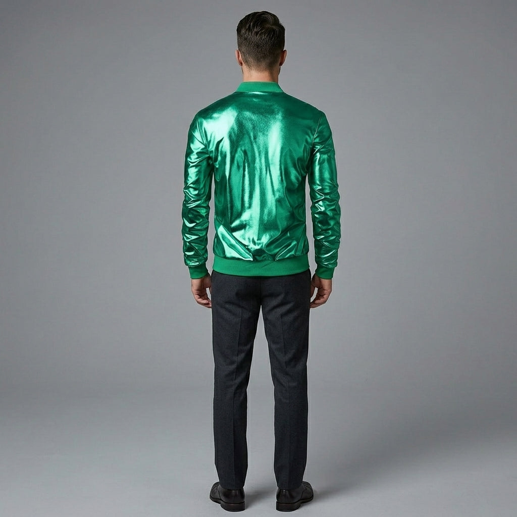 Men’s Green Metallic Varsity Jacket – 70’s Disco Bomber Party Jacket