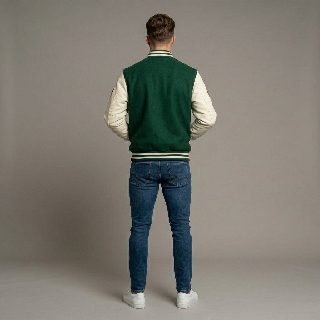 Men’s Green Wool Blend Varsity Jacket – Classic Letterman Bomber