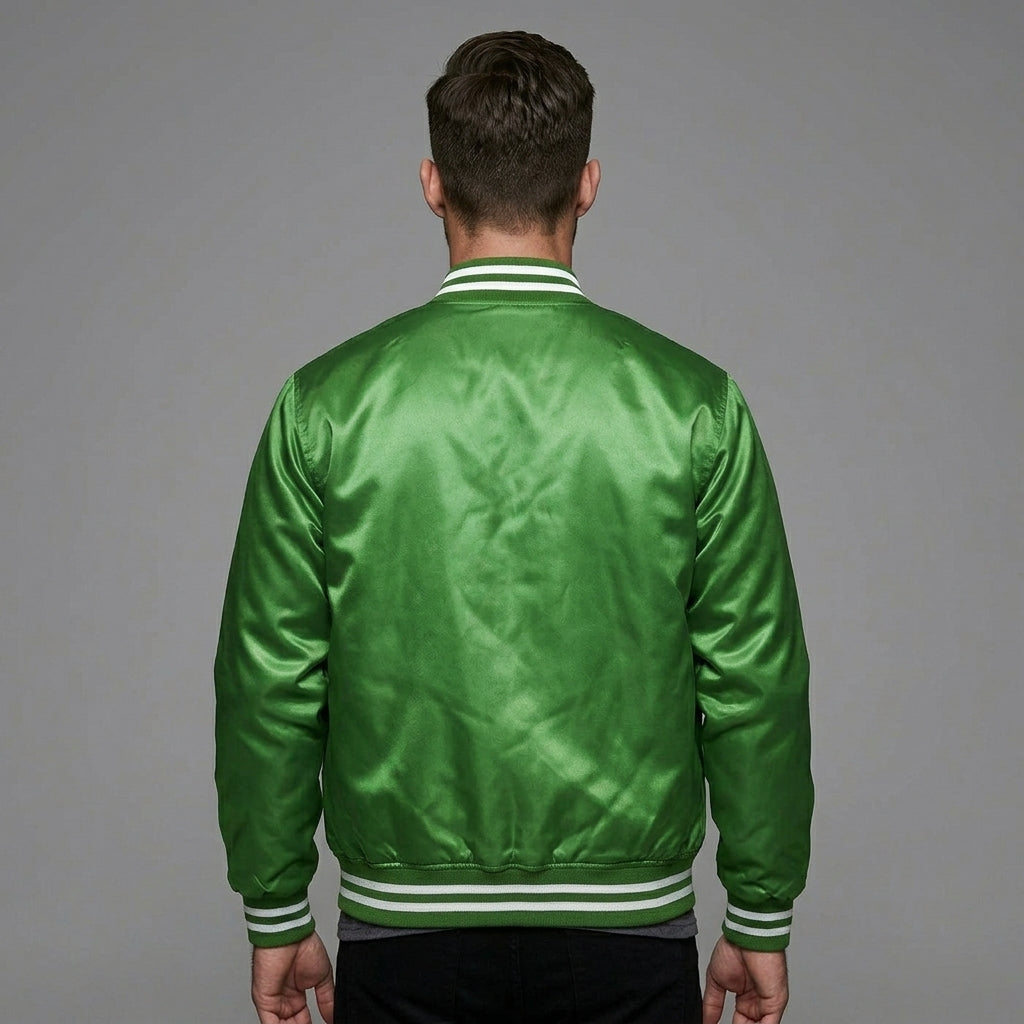 Men’s Satin Polyester Varsity Jacket – Retro Zip Casual Bomber