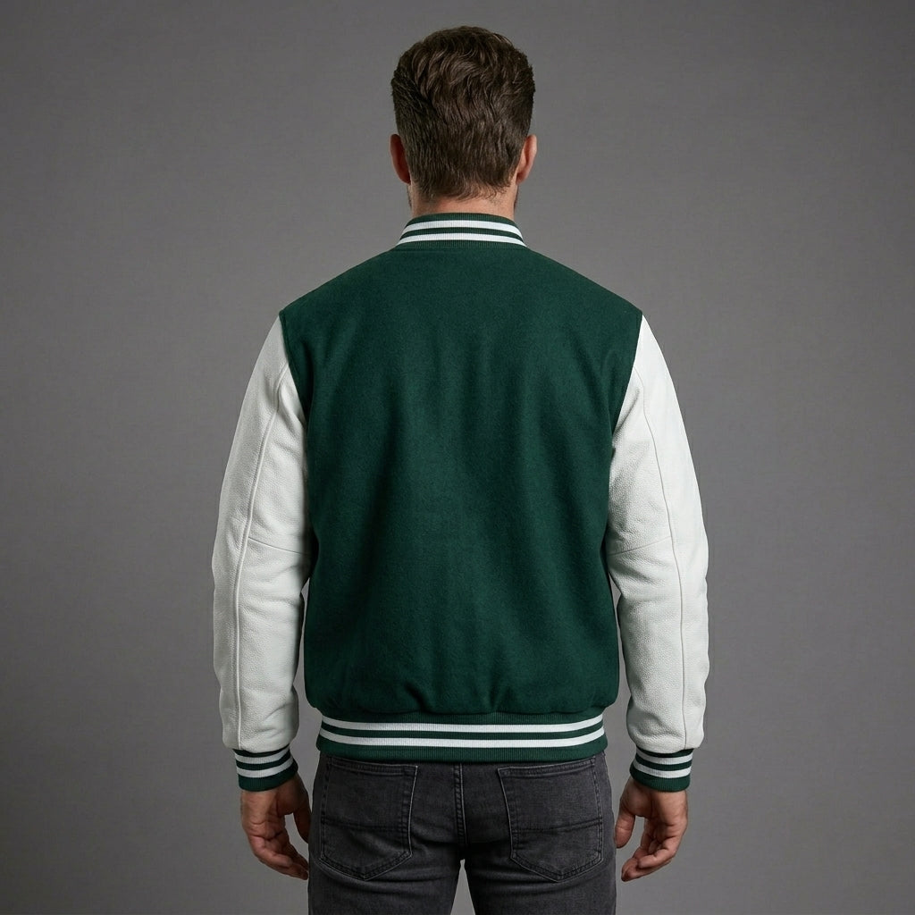 Men’s Green Varsity Jacket – Letter Embroidery & Faux Leather Sleeves