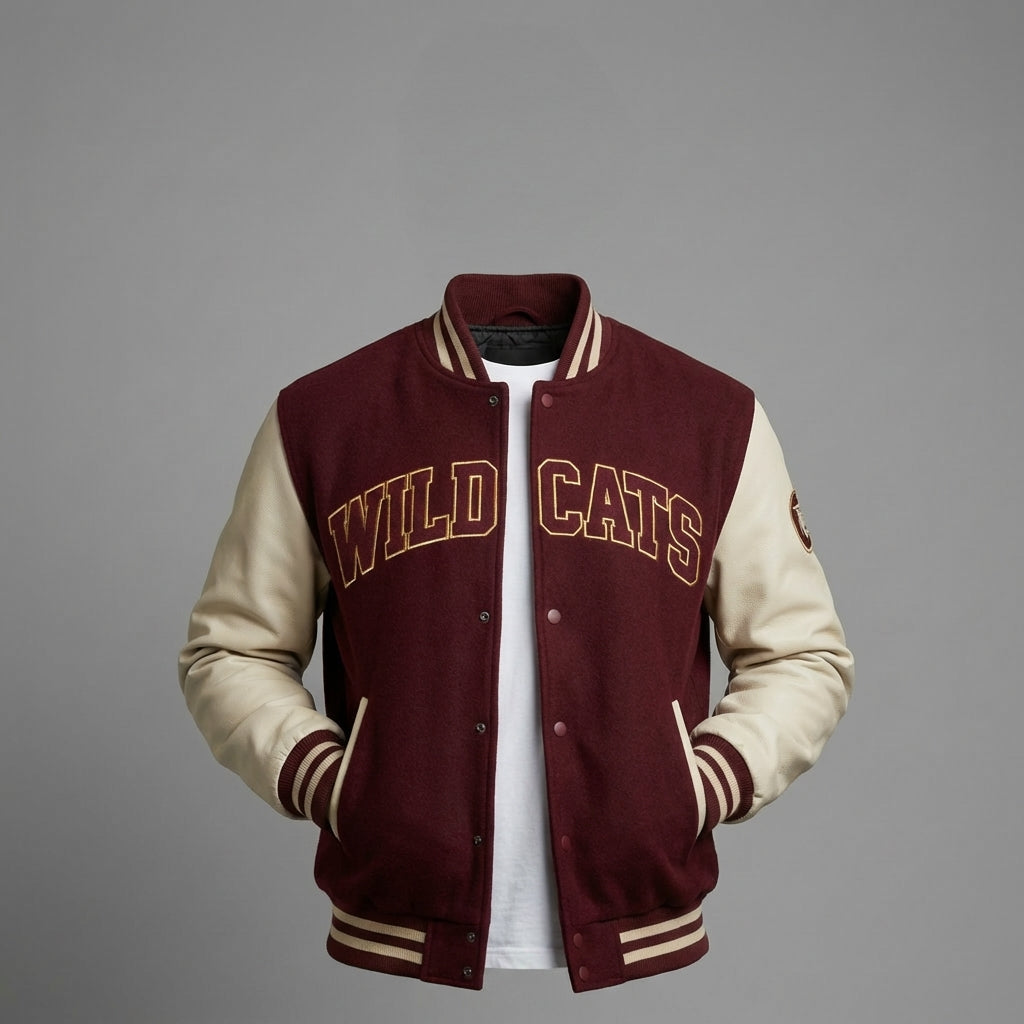Men’s Maroon & White Letterman Jacket – Classic Varsity Bomber